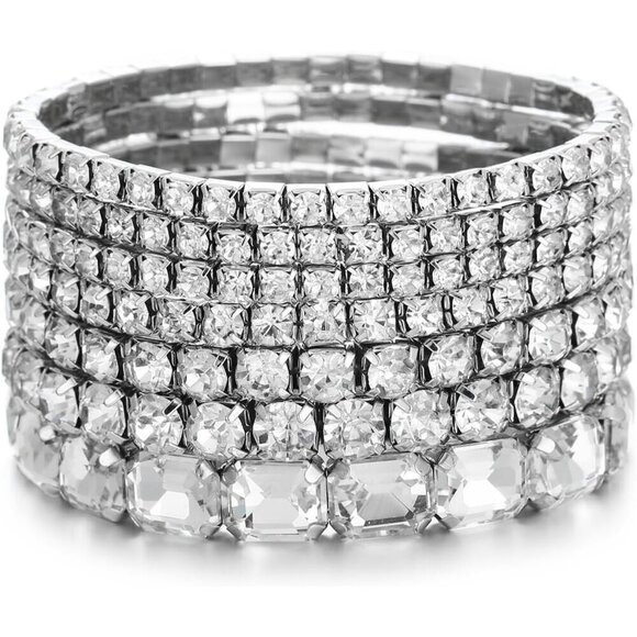 ✨ Winssigma Stretch Bracelets Women Silver Bridal Stackable Rhinestone Jewelry - Picture 1 of 6